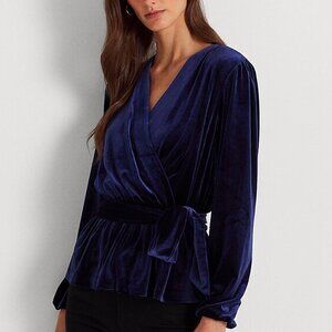 Lauren Ralph Lauren Navy Velvet Long Sleeve Peplum Blouse Top Belted